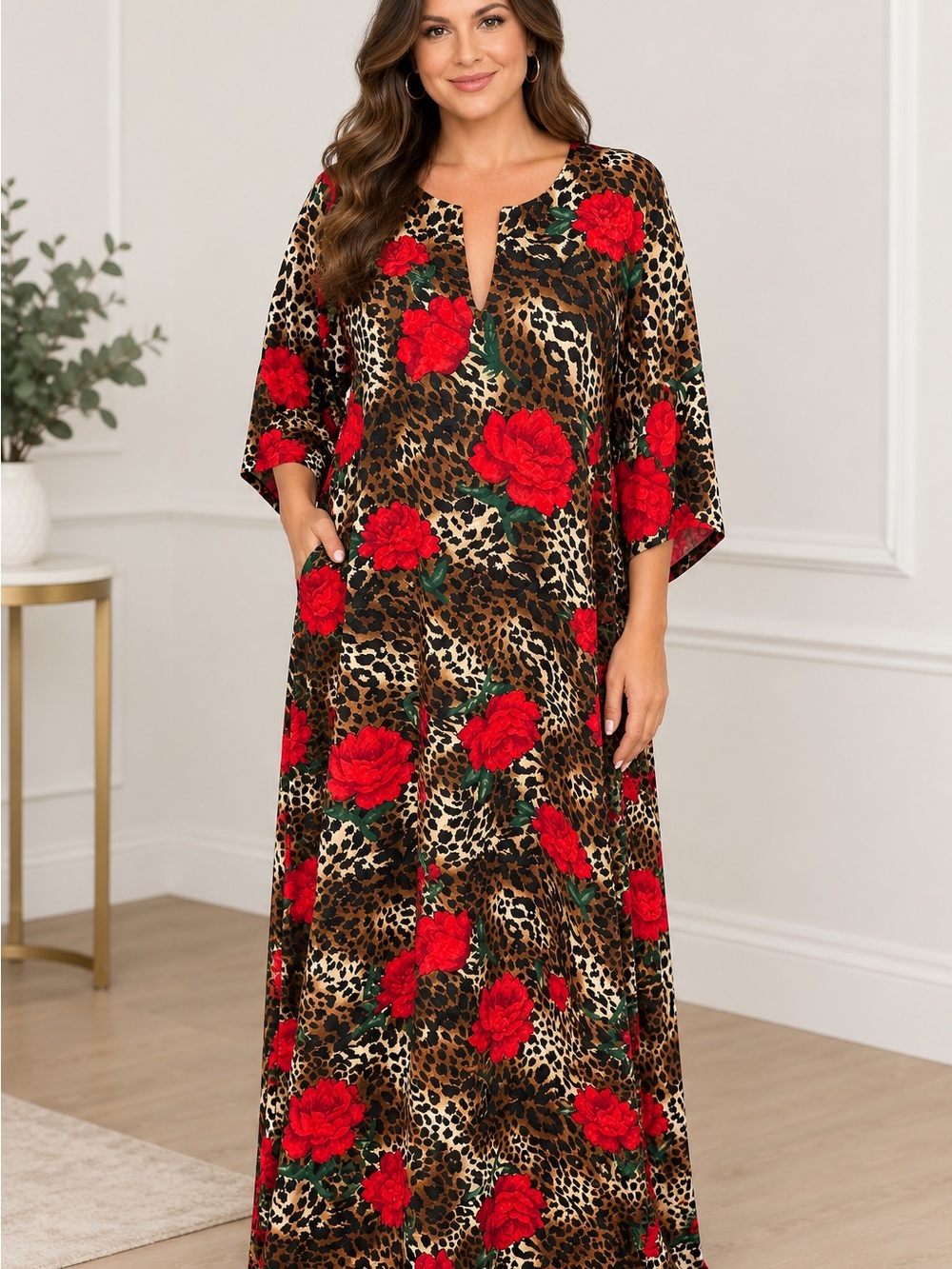 Leopard & Red Rose Split-Neck Women's Dress/MuMu